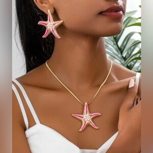 Starfish & Faux Pearl Pendant Necklace
And Earrings Set